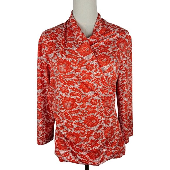 J. McLaughlin Catalina Faux Wrap Top Size Large Red Floral Lace Print - Picture 1 of 9